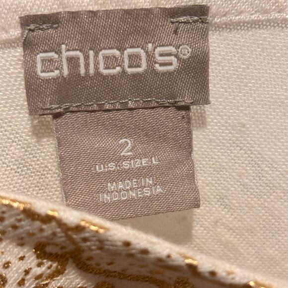 Chico's White Gold Foil Double V Neck Linen Tee Large/2 Beachy Mandala Design - Picture 10 of 13